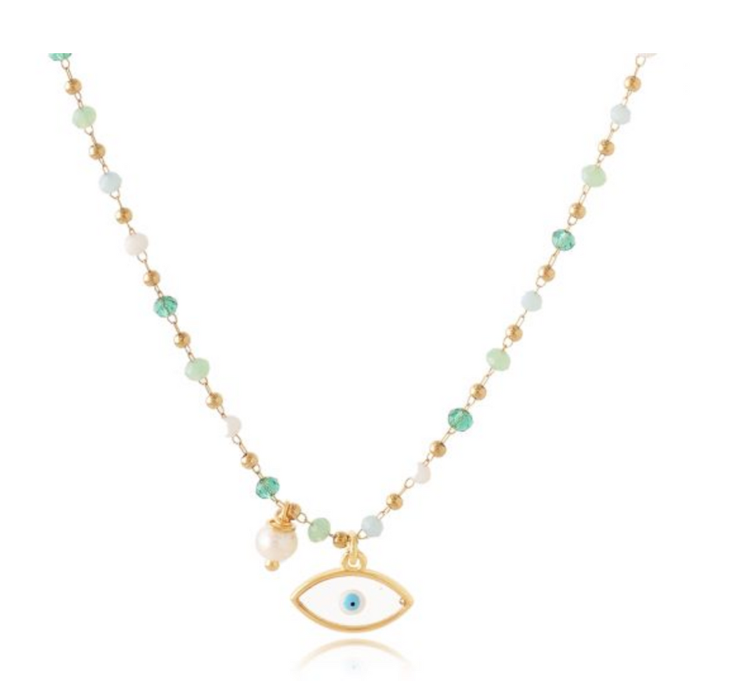 Stellasun Rosary Glass bead necklace with Evil eye charm