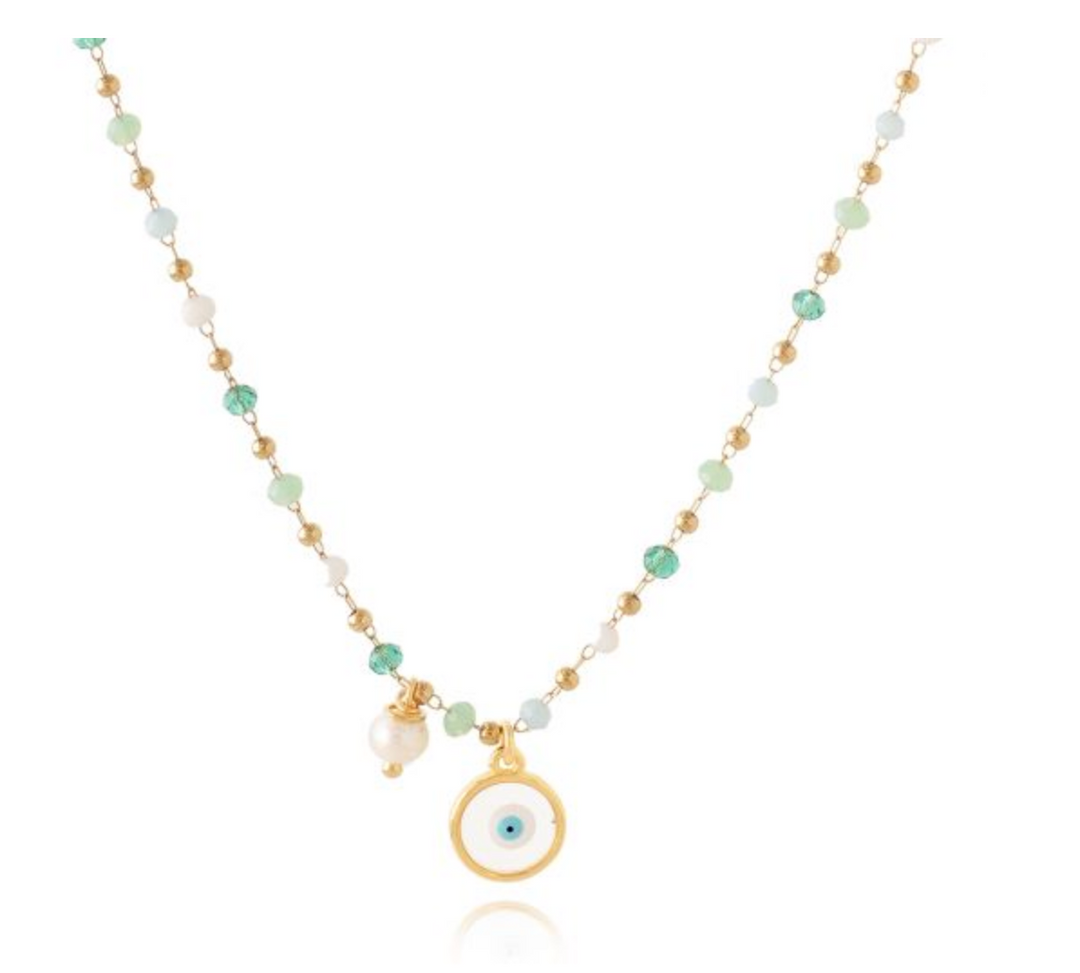 Stellasun Rosary Glass bead necklace with Evil eye charm