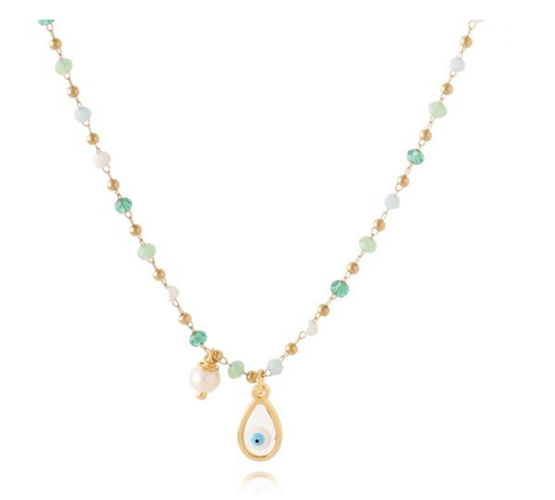 Stellasun Rosary Glass bead necklace with Evil eye charm